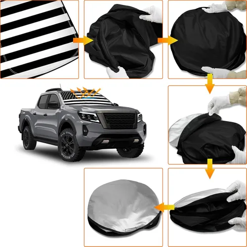 Vista 6 de D-Lumina Parasol plegable para parabrisas con bandera de EE. UU. para Nissan Frontier 2022, 2023, 2024, 2025, protector de sol frontal bloquea rayos