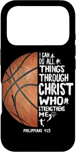 Vista 30 de Funda de baloncesto para iPhone 17 con texto en inglés "I can do All Things Through Christ Philippians
