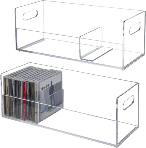 Vista 10 de MyGift Soporte rack moderno premium de CD apilable de acrílico transparente con asas de transporte recortadas, caja de exhibición para estuches
