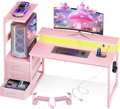 Vista 14 de AODK Escritorio para juegos de 52 pulgadas con puertos de carga USB y luz LED, escritorio reversible para computadora con estantes de almacenamiento