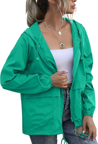 Vista 25 de PESION Chaqueta impermeable ligera para mujer, rompevientos con capucha y bolsillo para exteriores Verde militar