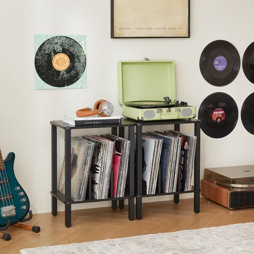 Vista 2 de LELELINKY Soporte para tocadiscos de 2 niveles con almacenamiento de discos de vinilo hasta 100 álbumes, soporte para discos de dormitorio y mesa