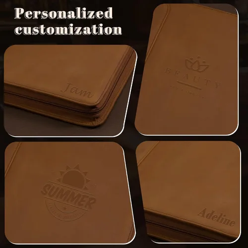 Vista 2 de Portafolio Personalizado de Cuero con Nombre Grabado, Organizador de Negocios Profesional con Cremallera para Hombres, Carpeta de Anillas