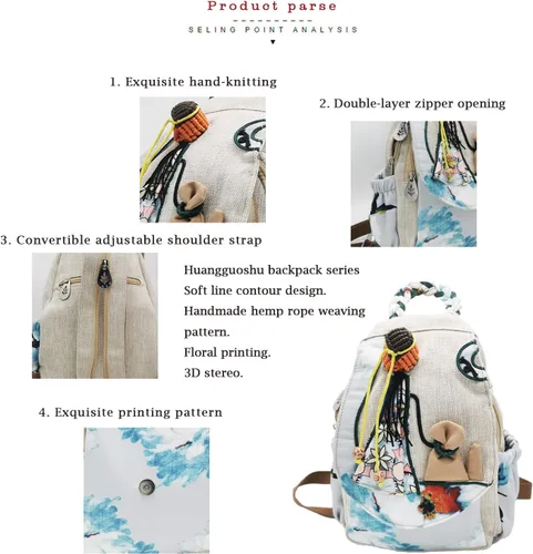 Vista 145 de HUANGGUOSHU Mochila de algodón tejida de algodón bohemio con bordado de lona estilo bohemio con múltiples bolsillos retro linda mochila cartera