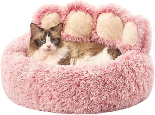Vista 13 de Jiupety Cama calmante para mascotas en forma de pata, cama de felpa en forma de dona de piel sintética para perros y gatos, lavable a máquina, parte