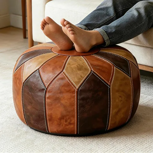 Vista 12 de Thgonwid Funda redonda sin relleno, otomana de almacenamiento de piel sintética, taburete marroquí bohemio, decoración multiusos para el hogar, sala