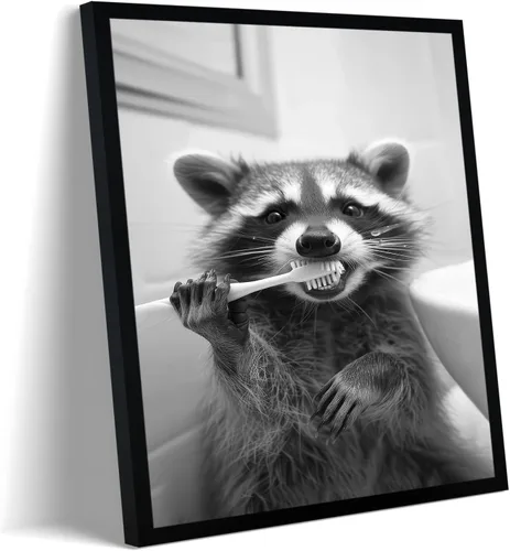 Vista 23 de Arte de pared de lienzo enmarcado para baño con oso negro tierno, decoración divertida para baño con animales, adorable oso con papel higiénico