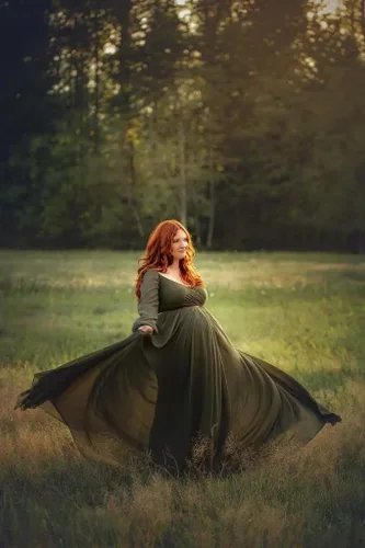 Vista 5 de Fivsole Vestido de maternidad de manga larga de gasa para sesión de fotos, hombros descubiertos, vestidos de maternidad para embarazo, vestidos