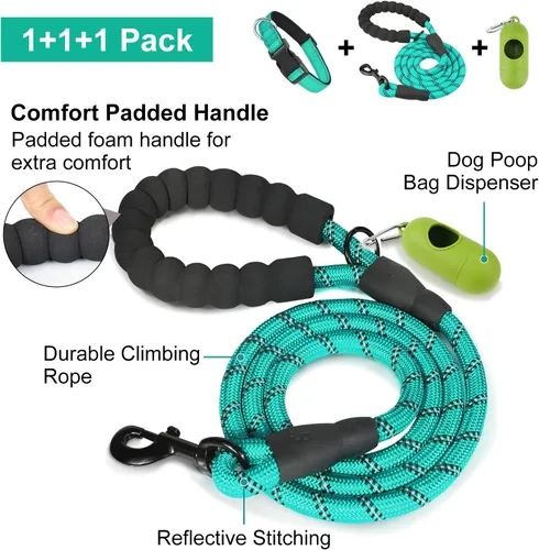 Vista 3 de Dynmeow Juego de collar y correa reflectante para perro, correa de cuerda de escalada fuerte de 6 pies con mango acolchado, collar ajustable