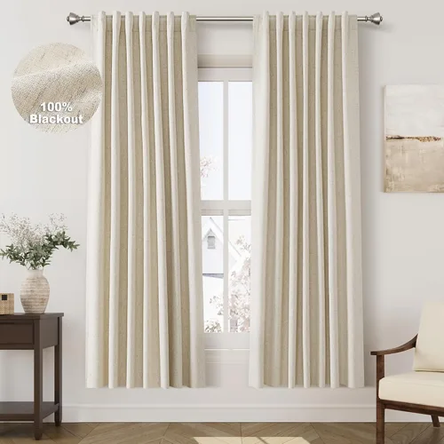 Vista 105 de Nanspring Cortinas de lino 100% opacas para dormitorio, 96 pulgadas de largo, con pestaña trasera, bolsillo para barra, aislamiento térmico, cortina