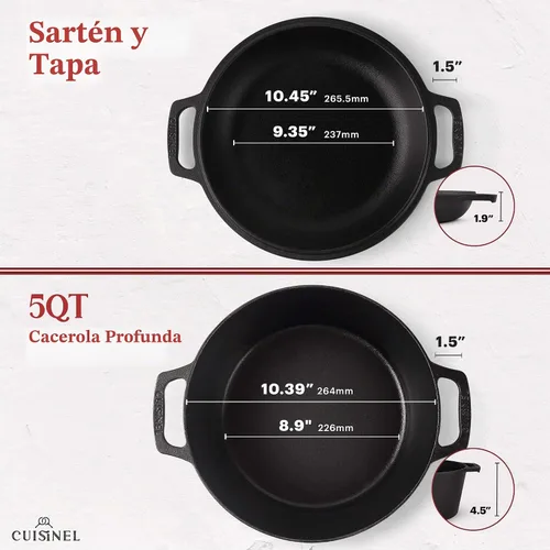Vista 4 de Cuisinel Horno Holandés de Hierro Fundido - Olla Profunda de 5-Cuartos - Multicocina 2-en-1 Presazonada - Tapa Combinada que Funciona como Sartén