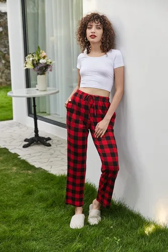 Vista 4 de Ekouaer - Pantalones cómodos de pijama, con bolsillos, a cuadros, elásticos y con cordón, para mujer