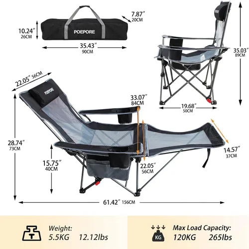 Vista 3 de Silla de camping reclinable con reposapiés extraíble con reposacabezas, cojín de algodón, sillas plegables ajustables y portátiles