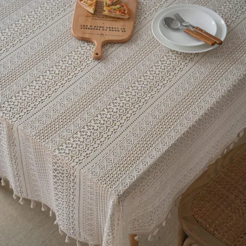 Vista 4 de Mantel bohemio hecho a mano con diamantes de ganchillo, mantel de lino bordado beige para boda, mantel cuadrado elegante para decoración de mesa