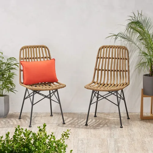 Vista 2 de GDFStudio Silla de comedor de mimbre al aire libre (juego de 2), marrón claro y negro