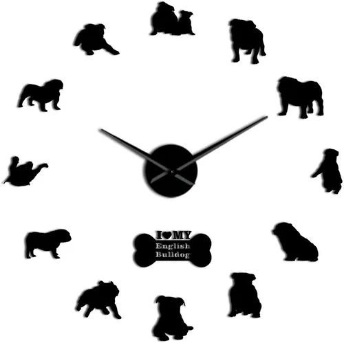 Vista 2 de The Geeky Days English British Bulldog contemporáneo 3D DIY reloj de pared con lindo hueso Pet Shop espejos superficie (negro)