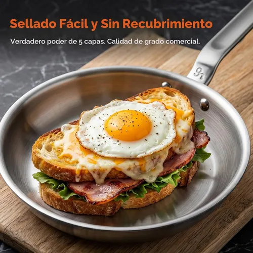 Vista 2 de Sartén de acero inoxidable mini de 8 pulgadas, 5 capas con núcleo de aluminio, sartén para saltear con revestimiento de acero, calefacción uniforme