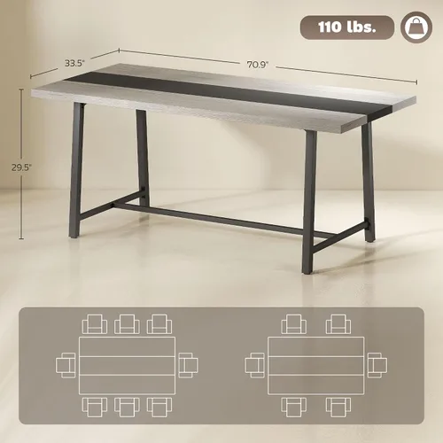 Vista 3 de HOMCOM Mesa de comedor industrial para 8 personas, mesa de cocina rectangular de 70.9 pulgadas de largo con mesa grande y patas de acero