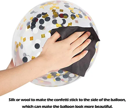Vista 6 de Kit de 72 globos de confeti negro y dorado, globos negros, dorados y blancos de 12 pulgadas y globos de confeti dorado con cintas para globos