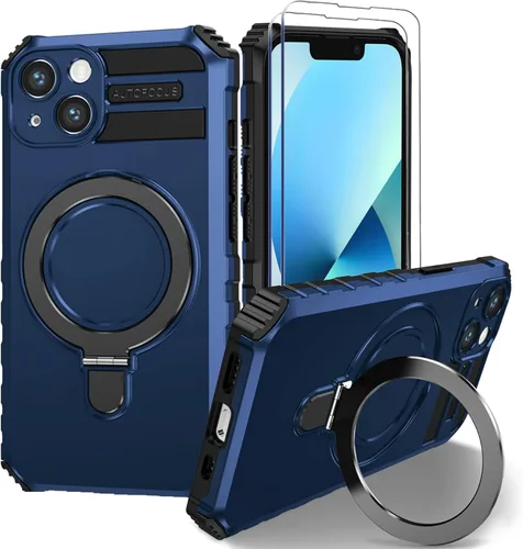 Vista 30 de Funda magnética para iPhone 11 [compatible con MagSafe] con 2 protectores de pantalla de vidrio templado con soporte de anillo, grado militar Azul