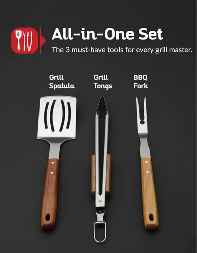Vista 2 de Juego de herramientas profesionales para barbacoa de madera de acacia (3 piezas) – Kit de accesorios de parrilla de acero inoxidable resistente