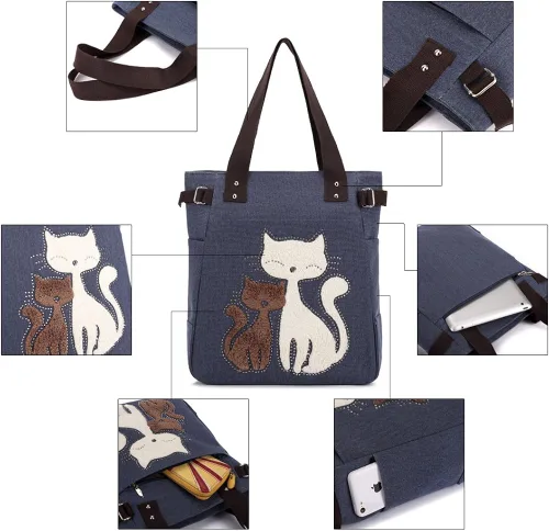 Vista 5 de KAUKKO Women Canvas Handbag Shoulder Bag Cat Big Tote Bag