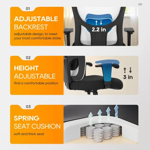 Vista 6 de PayLessHere Silla de escritorio ergonómica, silla de oficina, silla de computadora de 500 libras con soporte lumbar, asiento ancho, brazos de Blanco