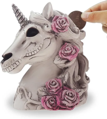 Vista 2 de Alcancía gótica de calavera de unicornio, calavera de azúcar, regalo para mujeres y adultos, Halloween, día de esqueleto gótico, decoración del hogar