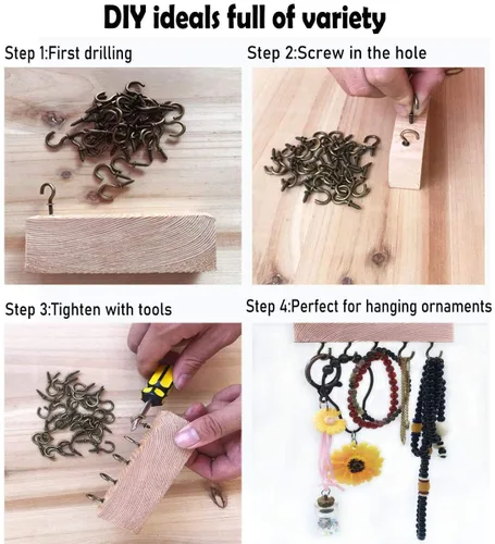 Vista 6 de 100 ganchos de tornillo pequeños de 1/2 pulgada, ganchos de joyería para techo, gancho de cadena de luces, color negro