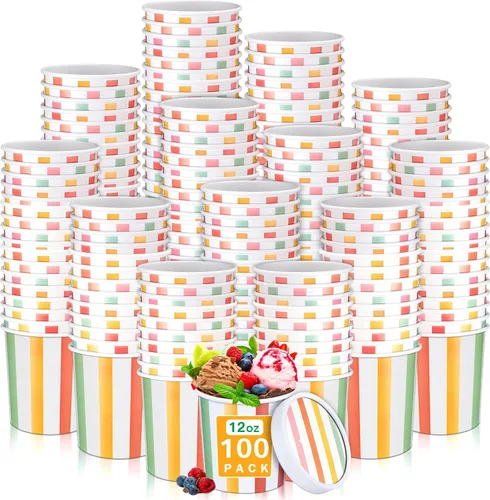 Vista 9 de Irenare 100 vasos de papel para helado de 12 onzas con tapas, cuencos desechables para postres, recipientes de sopa caliente, recipientes de papel
