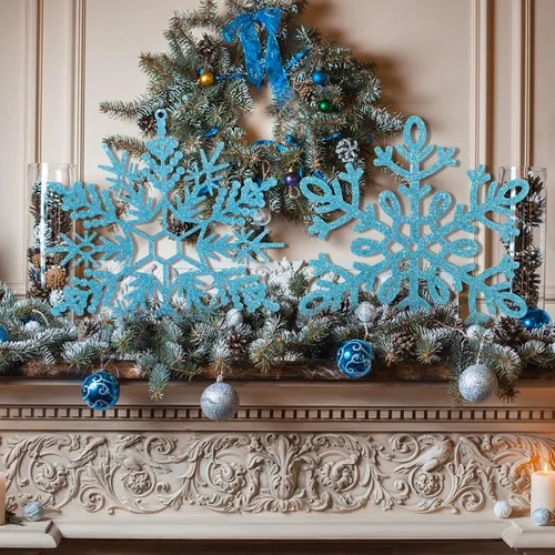 Vista 5 de Sratte 24 adornos de copo de nieve grandes de 16 pulgadas, copos de nieve colgantes decorativos con purpurina gigante, 6 diseños de adornos