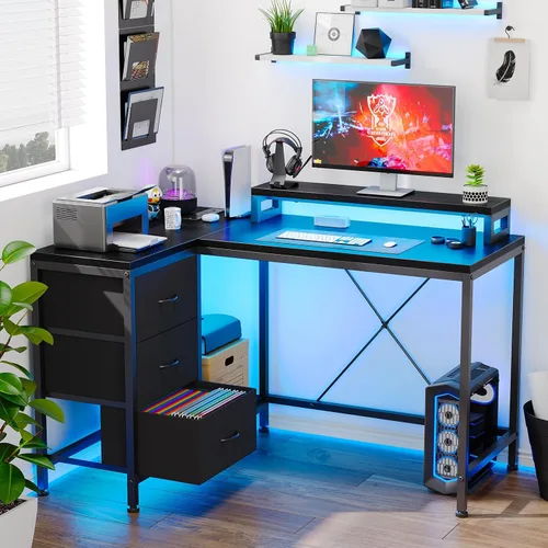 Vista 7 de Patikuin Escritorio en forma de L con tomas de corriente y luces LED, escritorio de computadora con cajones y estantes, escritorio de esquina