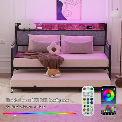 Vista 6 de Sofá cama individual con nido, moderno sofá cama individual, marco de cama de metal resistente con cabecera tapizada para sala de estar, dormitorio