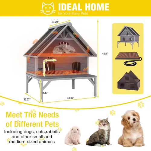 Vista 6 de Casa climatizada para gatos de 2 pisos, casa para gatos al aire libre, resistente a la intemperie, refugio para gatos con almohadilla térmica, forro