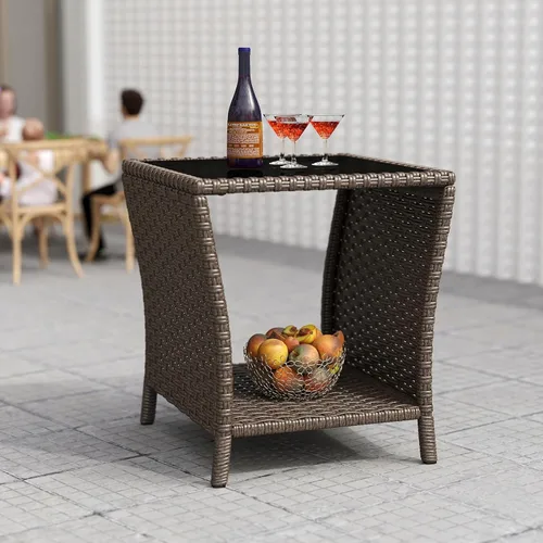 Vista 10 de kinbor Mesa pequeña para exteriores – Mesa auxiliar de mimbre para exteriores con estante de almacenamiento para patio, balcón y porche, ratán