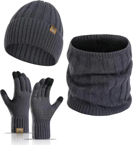 Vista 7 de Beanie Hat and Touchscreen Gloves with Winter Scarf 3PCS Set for Men Women Negro