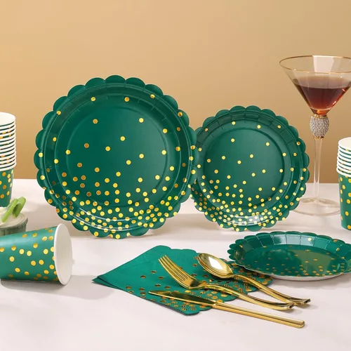 Vista 6 de 175 piezas de decoración de fiesta verde y dorada - Suministros de fiesta con platos y servilletas verdes - Platos de papel festoneados