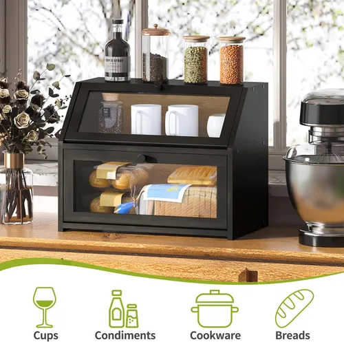 Vista 5 de Caja de pan de granja BMOSU para mostrador de cocina Caja de pan de doble capa de bambú y madera de gran capacidad contenedor de almacenamiento