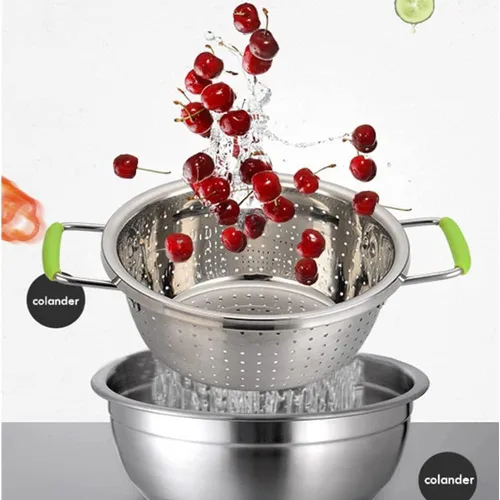 Vista 4 de Colador Profundo de Acero Inoxidable Microperforado de 2.5 Quart, Colador de Alimentos de Metal con Asas de Silicona Verde para Drenar Pasta