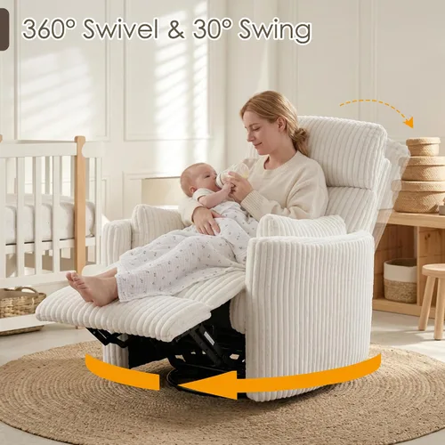 Vista 8 de Mecedoras cómodas con respaldo alto 360 giratorias, mecedoras reclinables con 2 almohadas, silla reclinable para adultos, espacios pequeños Beige