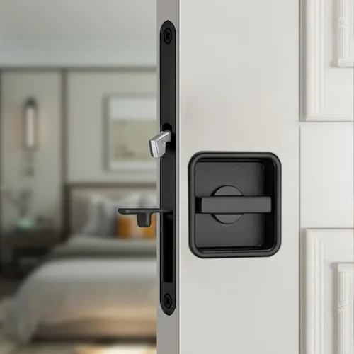 Vista 9 de Juego de herrajes para cerradura de puerta de bolsillo, manija de privacidad con tirador oculto y pestillo empotrado, apto para puertas de madera