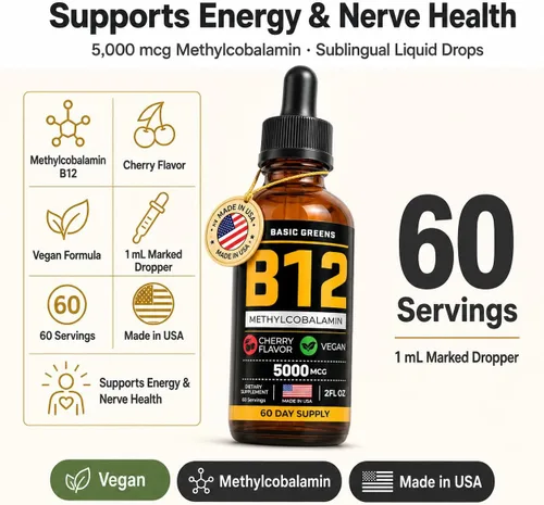 Vista 3 de B12 Liquid Drops Sublingual 5000 mcg Metilcobalamina, cereza vegana 2 Fl Oz