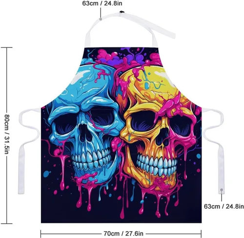 Vista 2 de Personalized Two Different Skulls Adult Apron, Kitchen Cooking Aprons for Woman Man, Adjustable Bib Apron with Pocket for Baking, BBQ Crafting