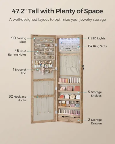 Vista 5 de SONGMICS Armario de joyería con espejo de 6 LED, 47.2 pulgadas de alto con cerradura para pared o puerta, organizador de joyas con espejo, 2