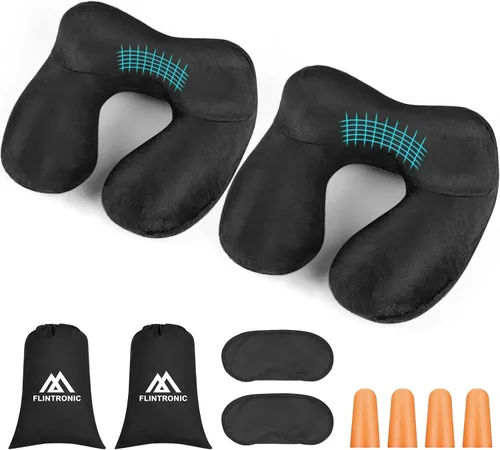 Vista 12 de flintronic Almohada inflable de viaje, almohada inflable de viaje para avión, soporte de cuello de terciopelo suave, almohada ergonómica ligera