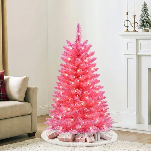 Vista 6 de Puleo International - Árbol de Navidad de pino rosa preiluminado de 4 pies