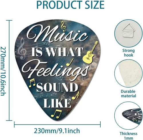 Vista 3 de GLOBLELAND Letrero de metal con diseño de púa de guitarra, diseño vintage con texto en inglés "Music is What Feelings Sound Like Signs", póster