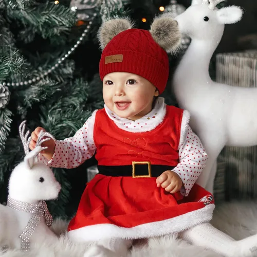 Vista 4 de Century Star Gorro de Navidad para bebé, niña, gorro de Navidad, lindo gorro de Papá Noel, gorro de invierno cálido con pompón