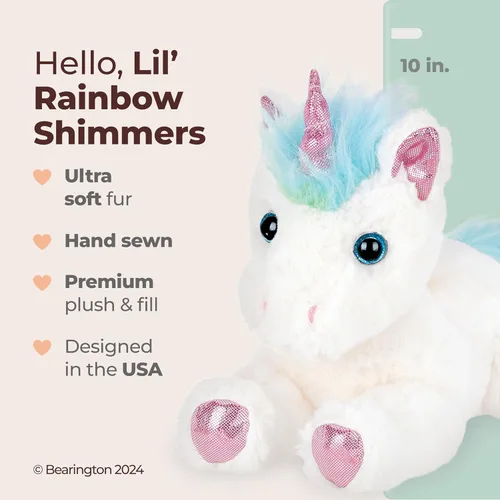 Vista 2 de Bearington Rainbow Shimmers - Animal de peluche unicornio blanco esponjoso y tierno de 10 pulgadas con pelaje de felpa suave para jugar y abrazar