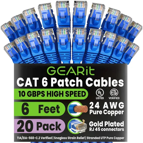 Vista 30 de GEARit Paquete de Cables Ethernet Cat 6 - Paquete de 20 Cables de Conexión Ethernet Cat6 de 1 pie Cable de Conexión de Red RJ45, Conectores